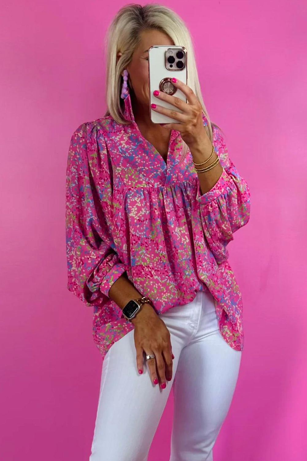 Pink Abstract Print Collared V Neck Blouse