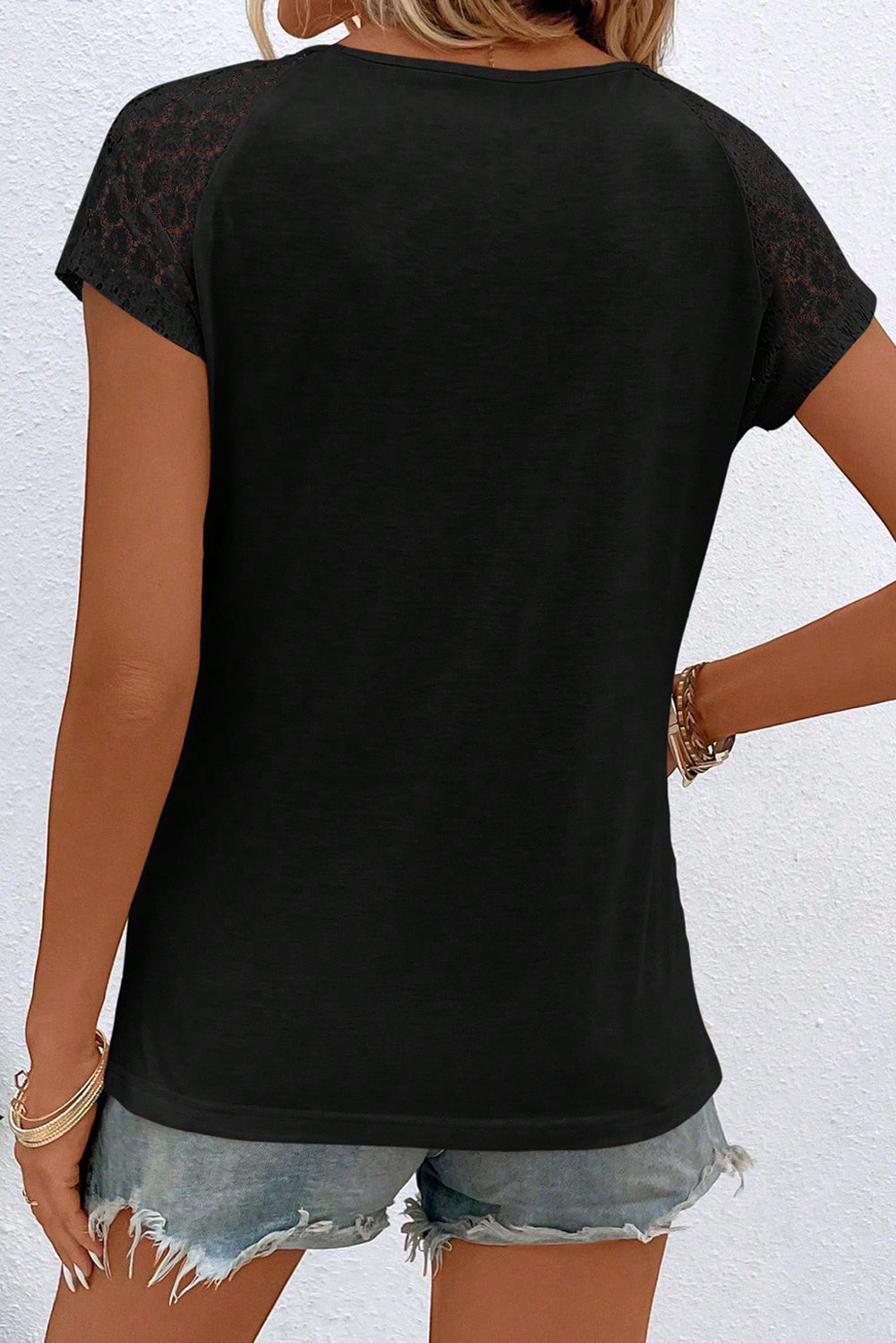 Black Contrast Lace Sleeve Keyhole Top