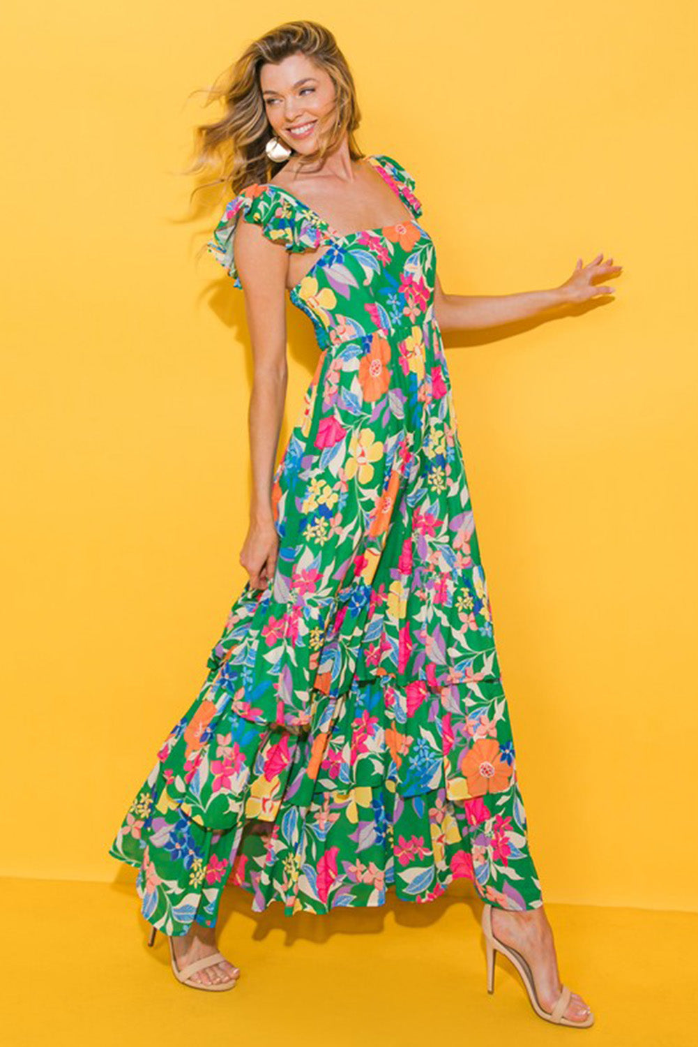 Green Floral Print Sleeveless Ruffle Tiered Maxi Dress