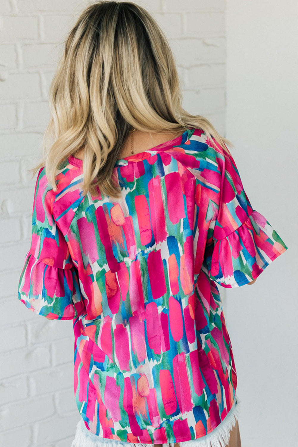 Brushwork Print Buttoned V Neck Blouse