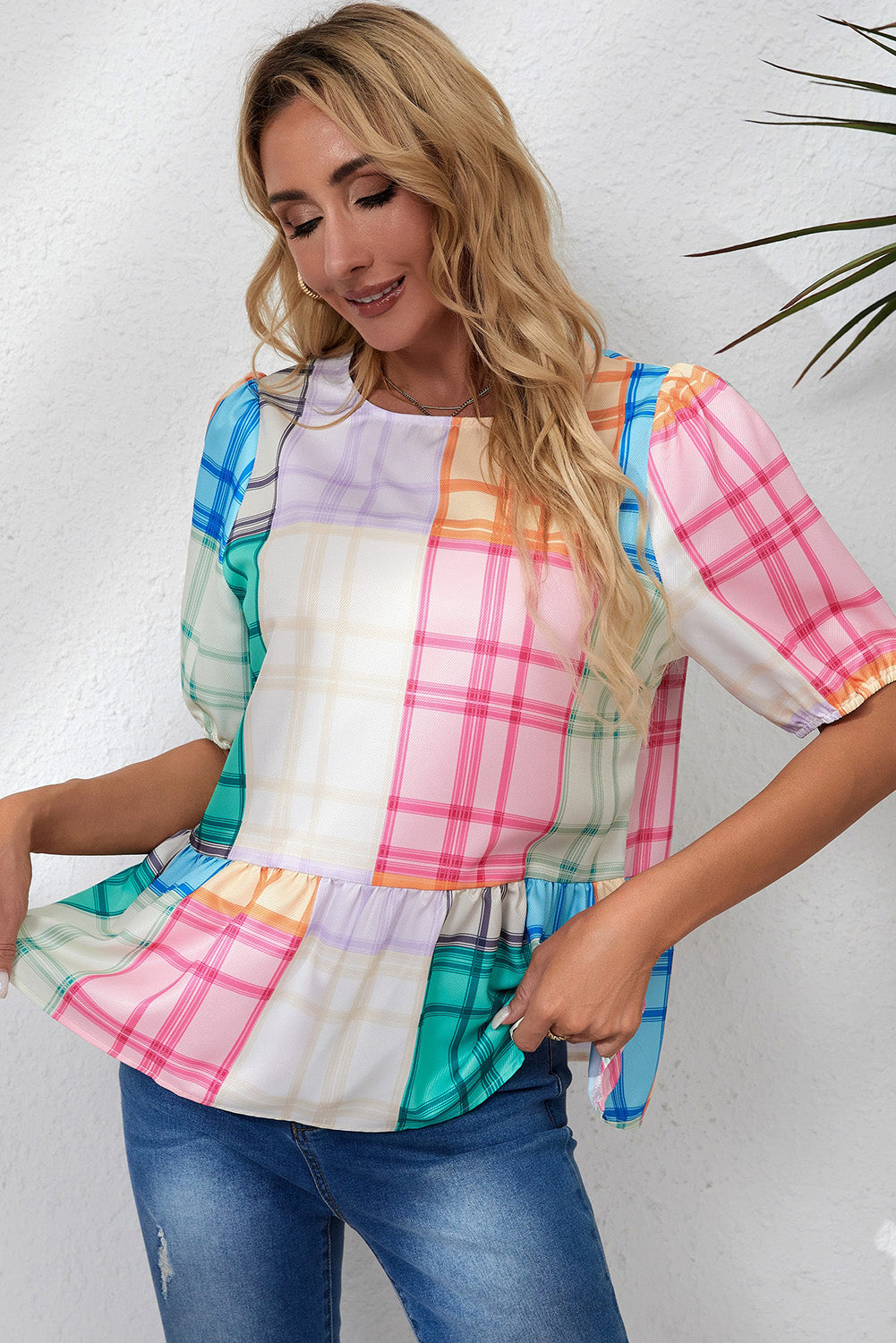 Bold Plaid Color Block Puff Sleeve Peplum Top