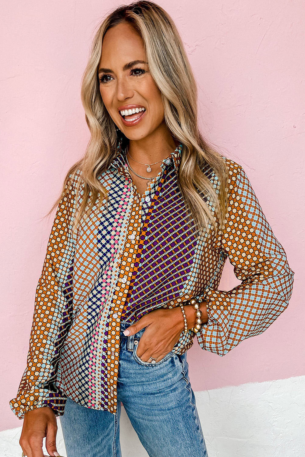 Dot Print Long Sleeve Button Down Shift Shirt