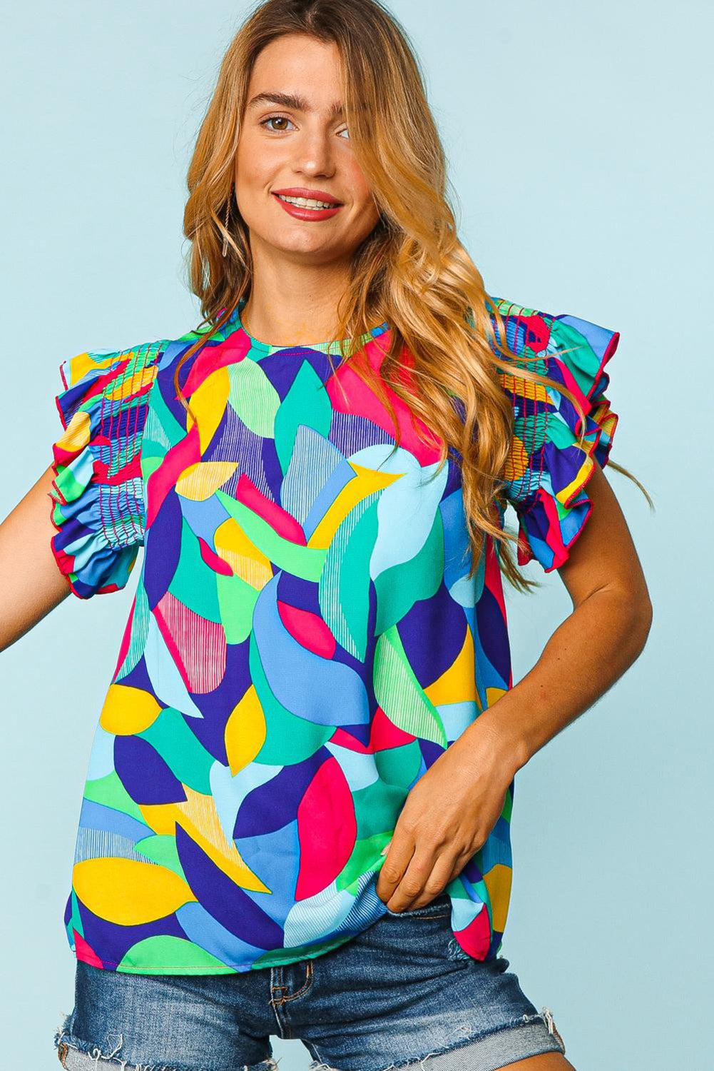 Multicolor Abstract Print Stitching Ruffle Sleeve Blouse