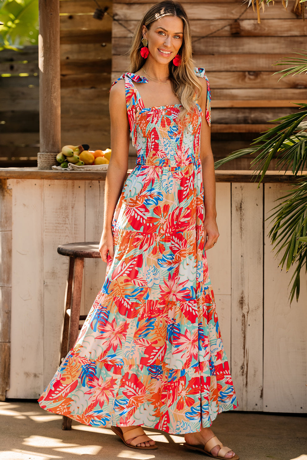 Vibrant Tropical Print Smocked Ruffle Tiered Maxi Dress