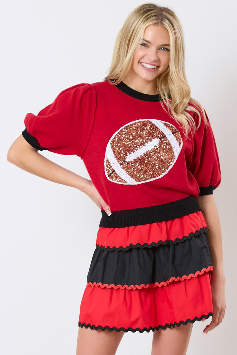 Red Sequin Football Puff Sleeve Sweater