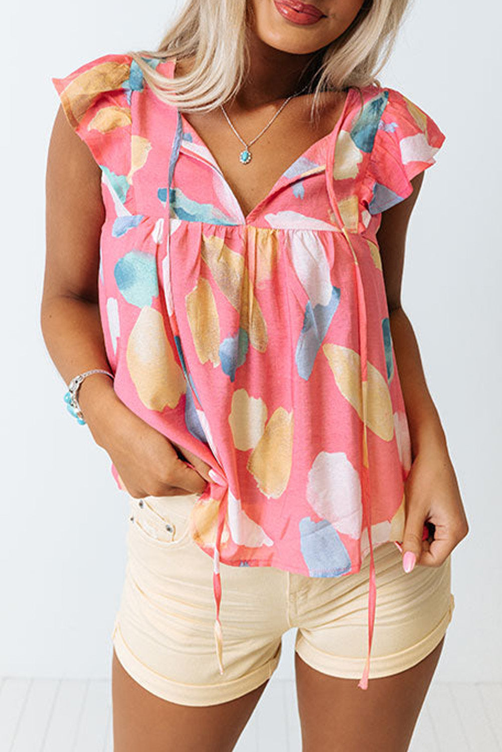 Watercolor Ruffled Cap Sleeve Shift Top