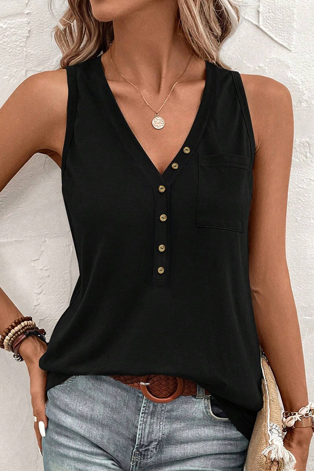 Half Button V Neck Patched Pocket Tank Top