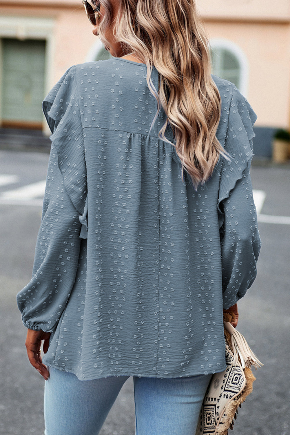 Lace Eyelet Ruffle Long Sleeve Blouse