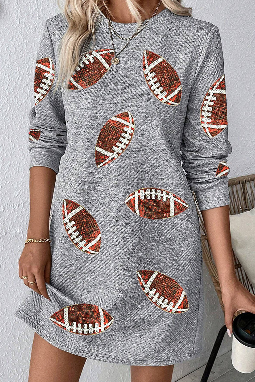 Gray Sequin Football Long Sleeve Shift Mini Dress