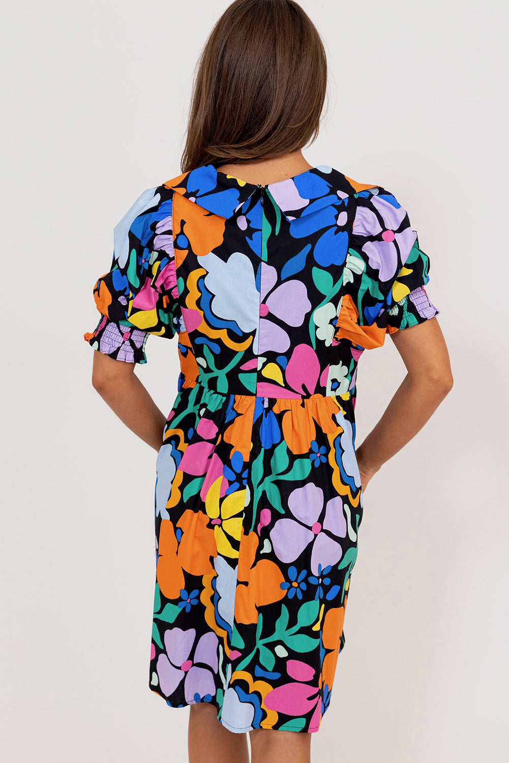 Blue Collared Split Neck Floral Flared Dress