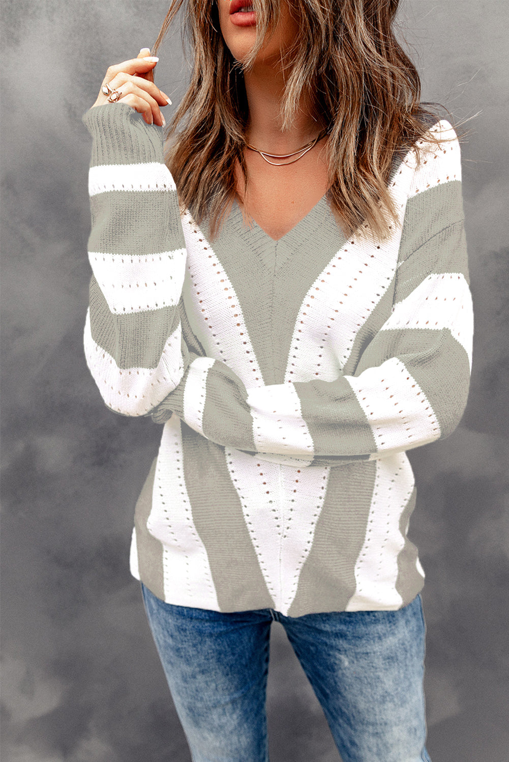 Striped Colorblock V Neck Knitted Sweater