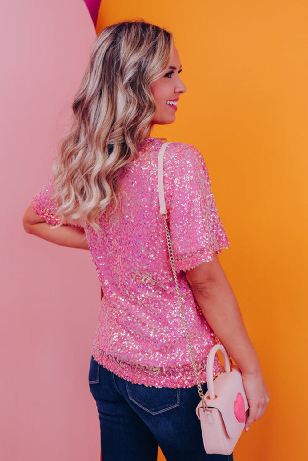 Pink V-Neck Wide Sleeve Sequin Top