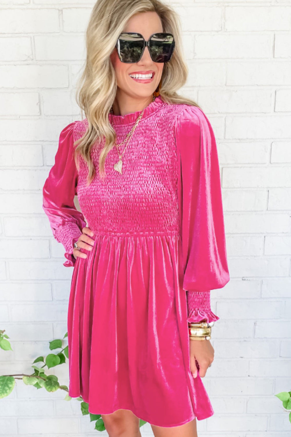 Frilled Neck Smocked Velvet Dress