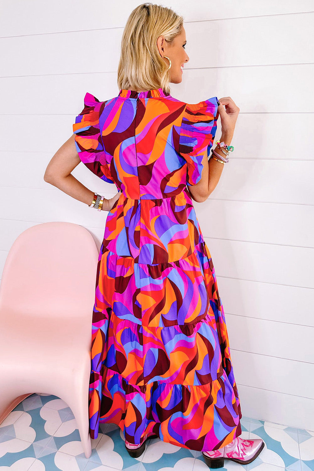 Abstract Printed High Waist Ruffle Tiered Long Dress