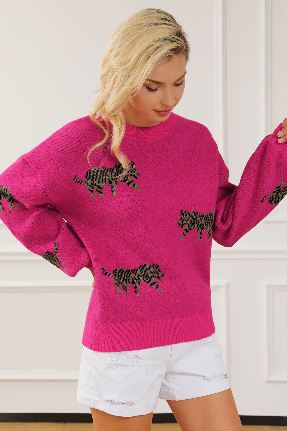 Rose Red Fierce Animal Pattern Knitted Sweater