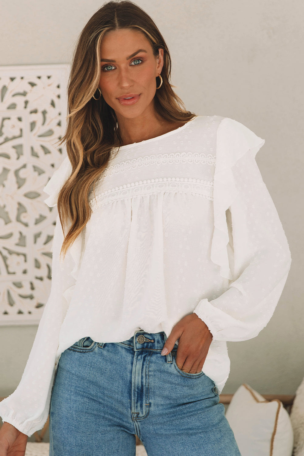 Lace Eyelet Ruffle Long Sleeve Blouse