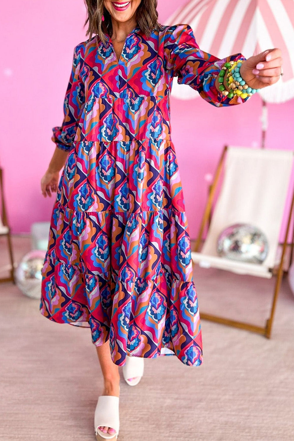 Geometric Print Long Sleeve High Waist Dress