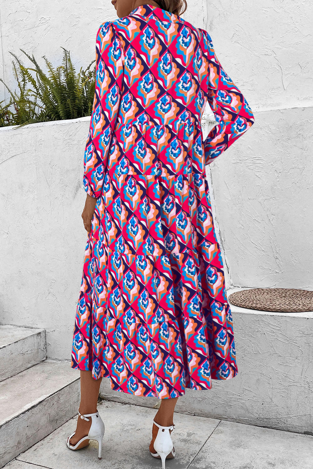 Geometric Print Long Sleeve High Waist Dress