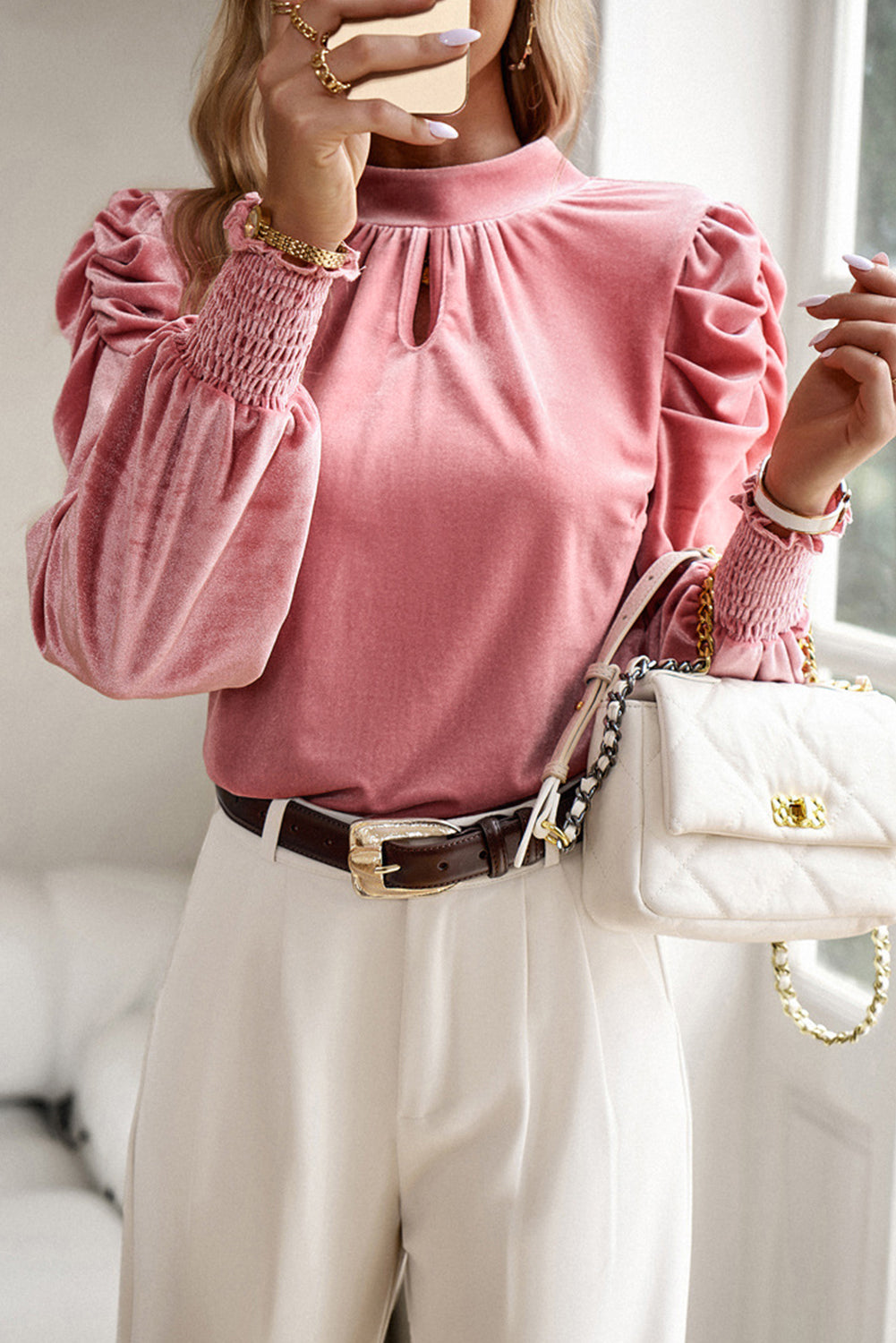 Peach Blossom Mock Neck Puff Sleeve Velvet Blouse