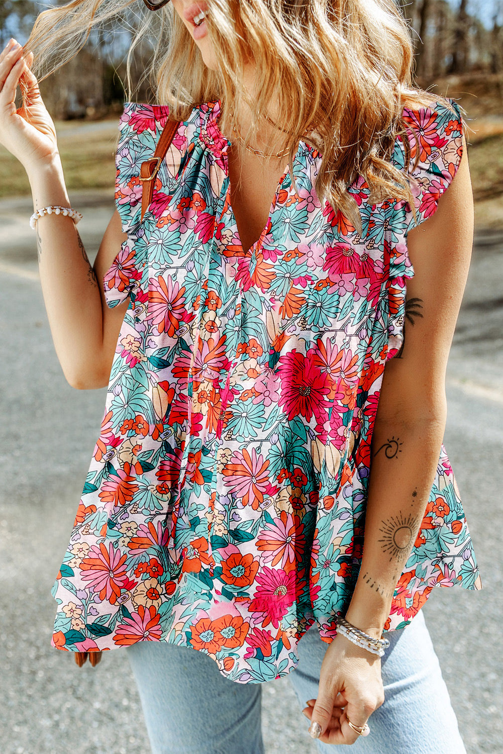 Pink Floral Print Drawstring V Neck Ruffled Tank Top