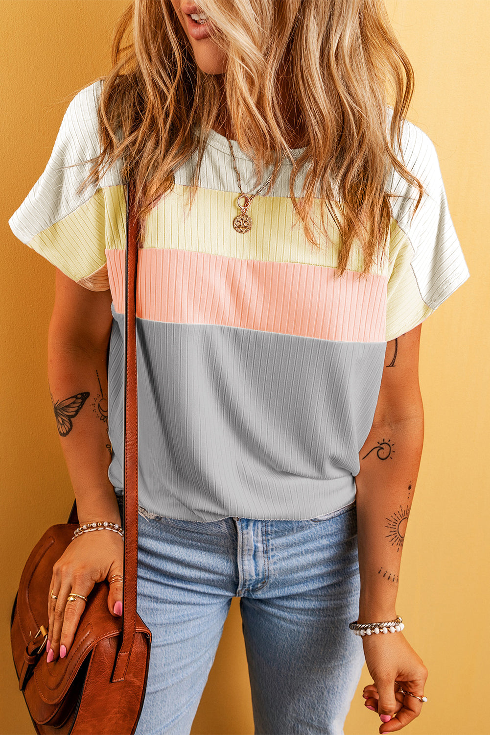 Ribbed Color Block Patchwork T-shirt