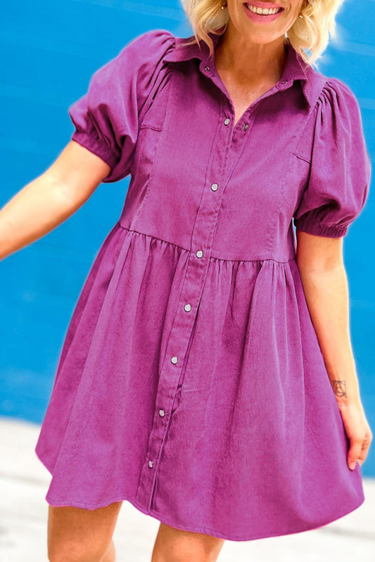 Corduroy Puff Sleeve Collared Babydoll Dress