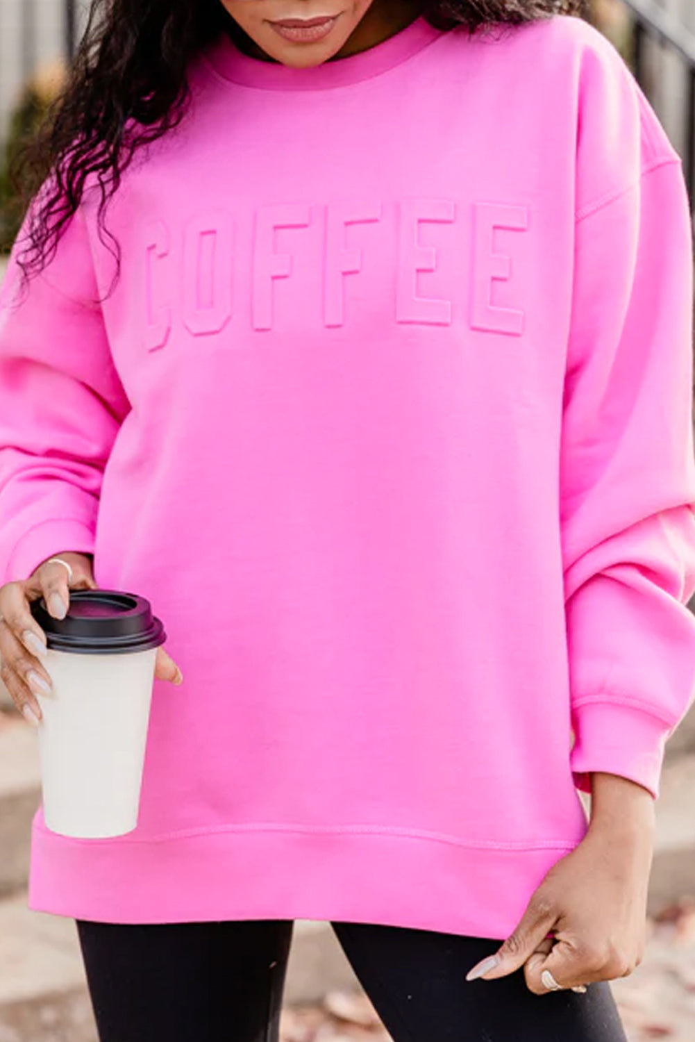 Pink COFFEE Letter Embossed Casual Sweatshirt