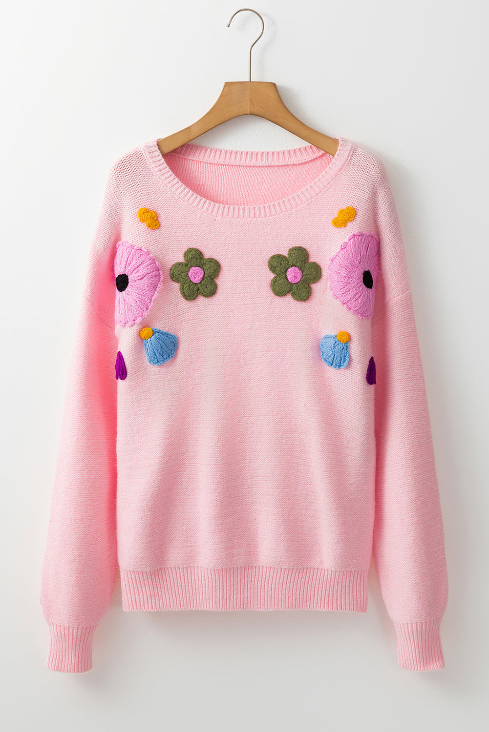 Knitted Flower Pattern Ribbed Edge Sweater