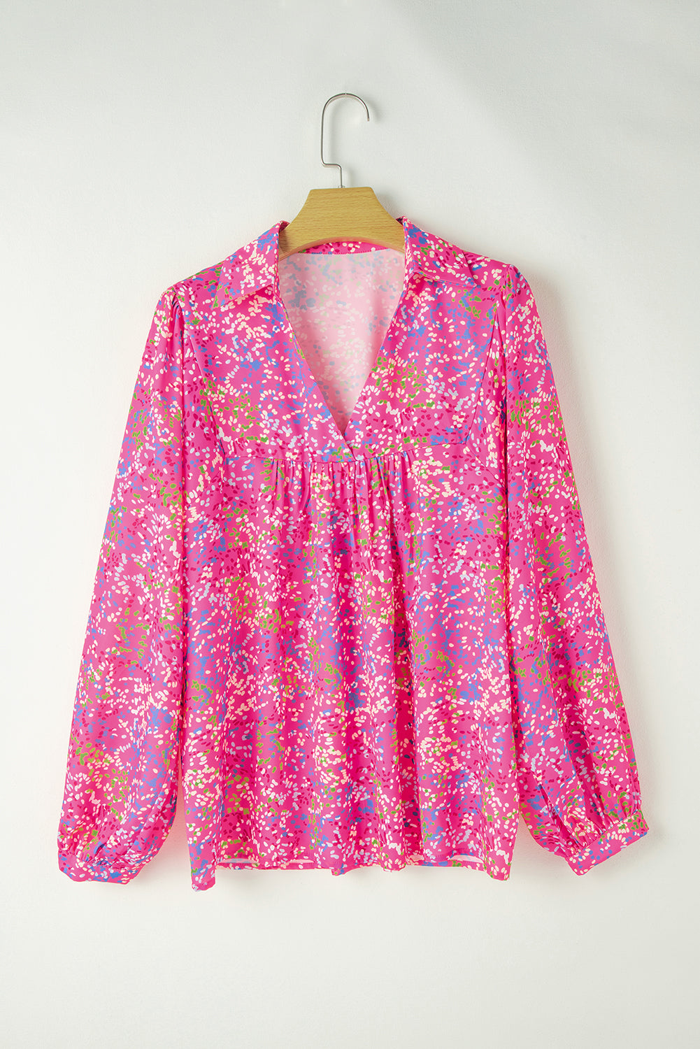 Pink Abstract Print Collared V Neck Blouse