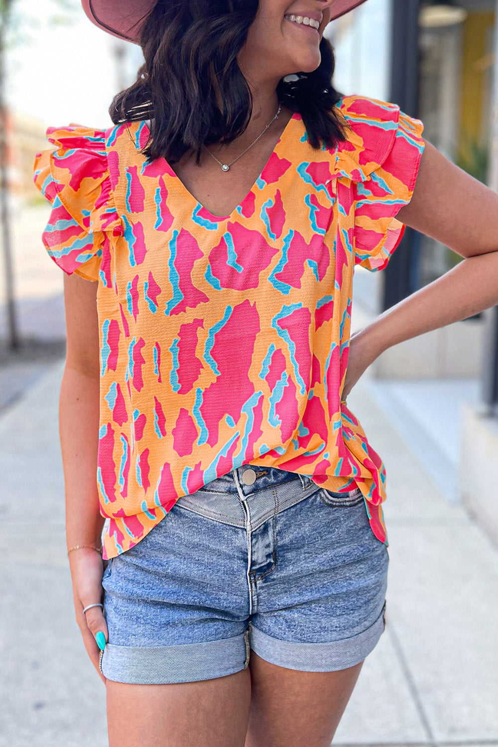 Orange Abstract Print V Neck Ruffled Sleeve Blouse