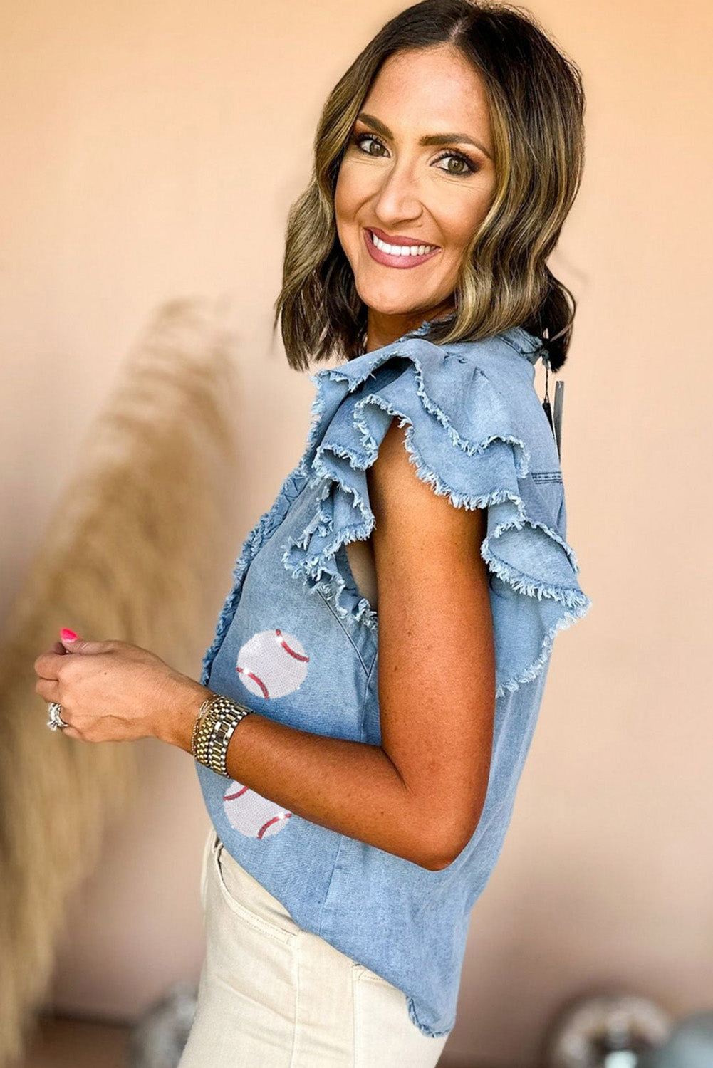 Blue Sequin Baseball Graphic Button Up Ruffled Sleeve Frayed Denim Top