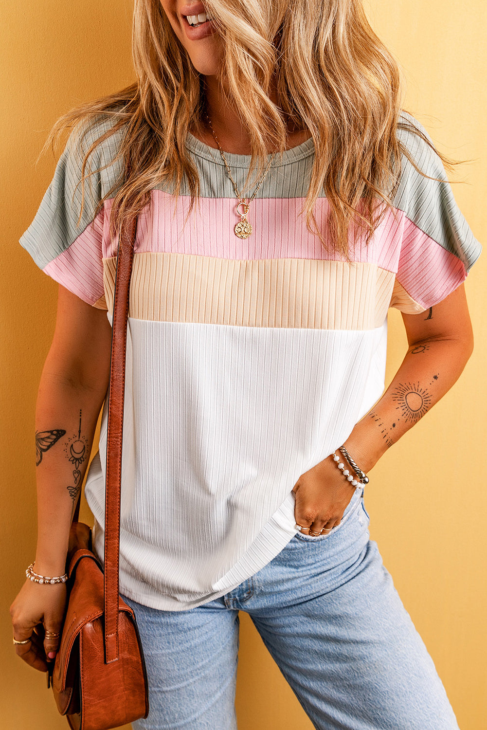 Ribbed Color Block Patchwork T-shirt