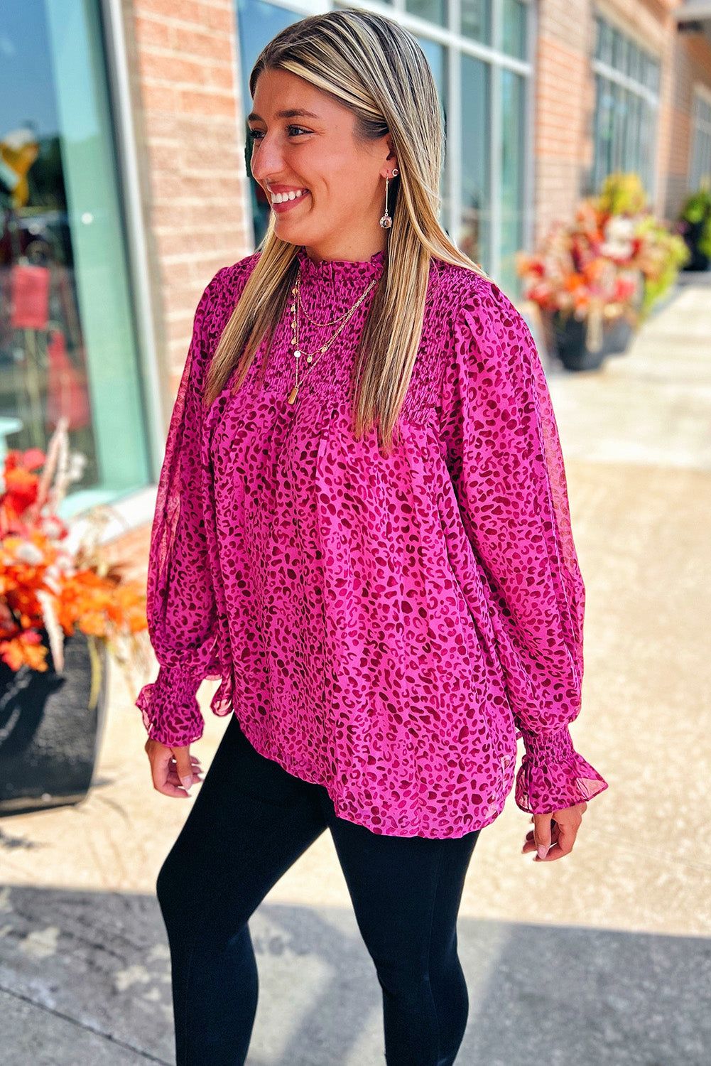 Pink Leopard Shirred Puff Sleeve Flowy Blouse