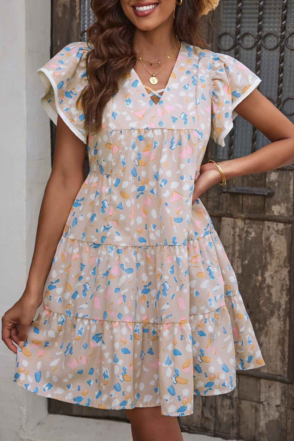 Printed Crisscross Decor V Neck Flutter Sleeve Dress