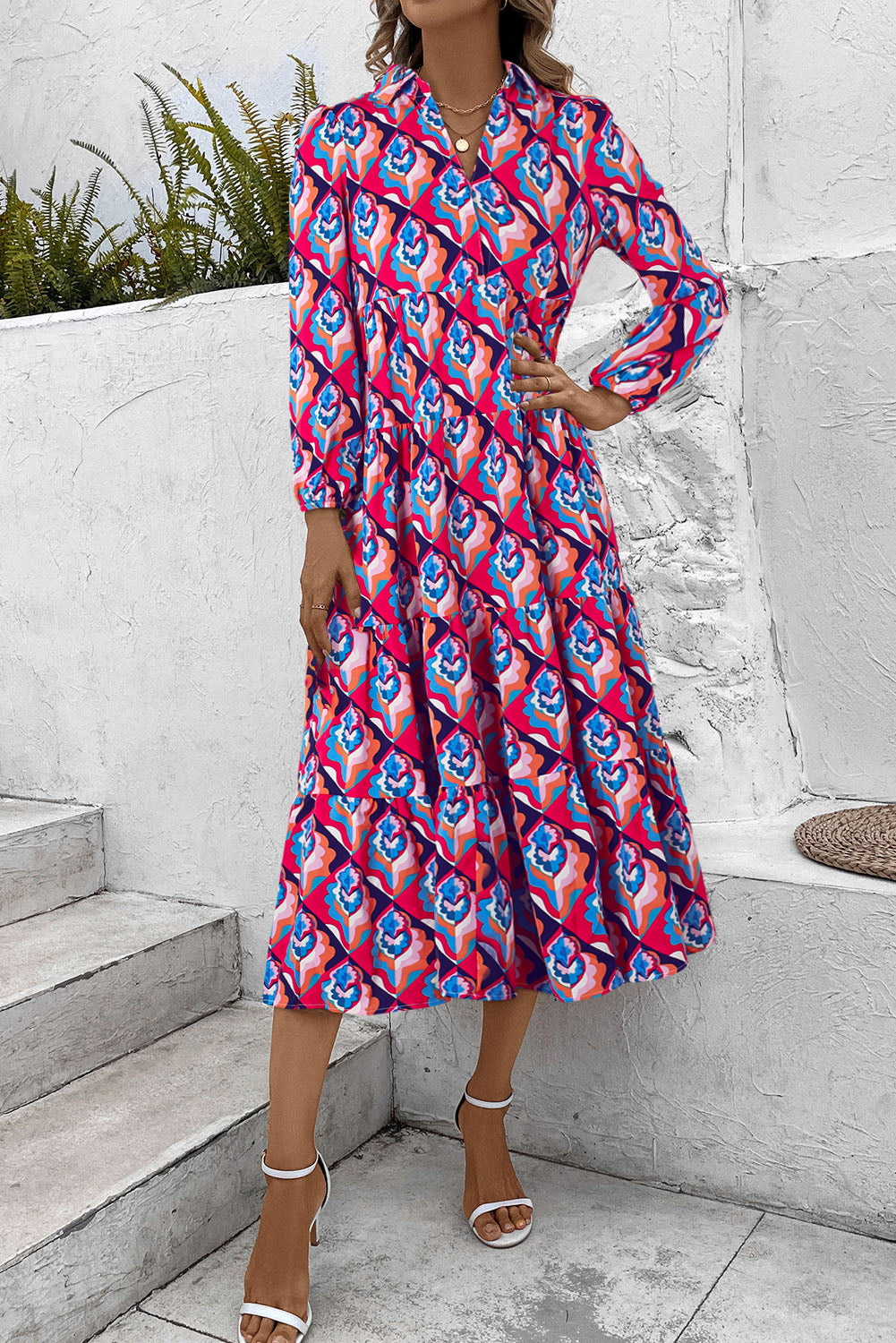 Geometric Print Long Sleeve High Waist Dress