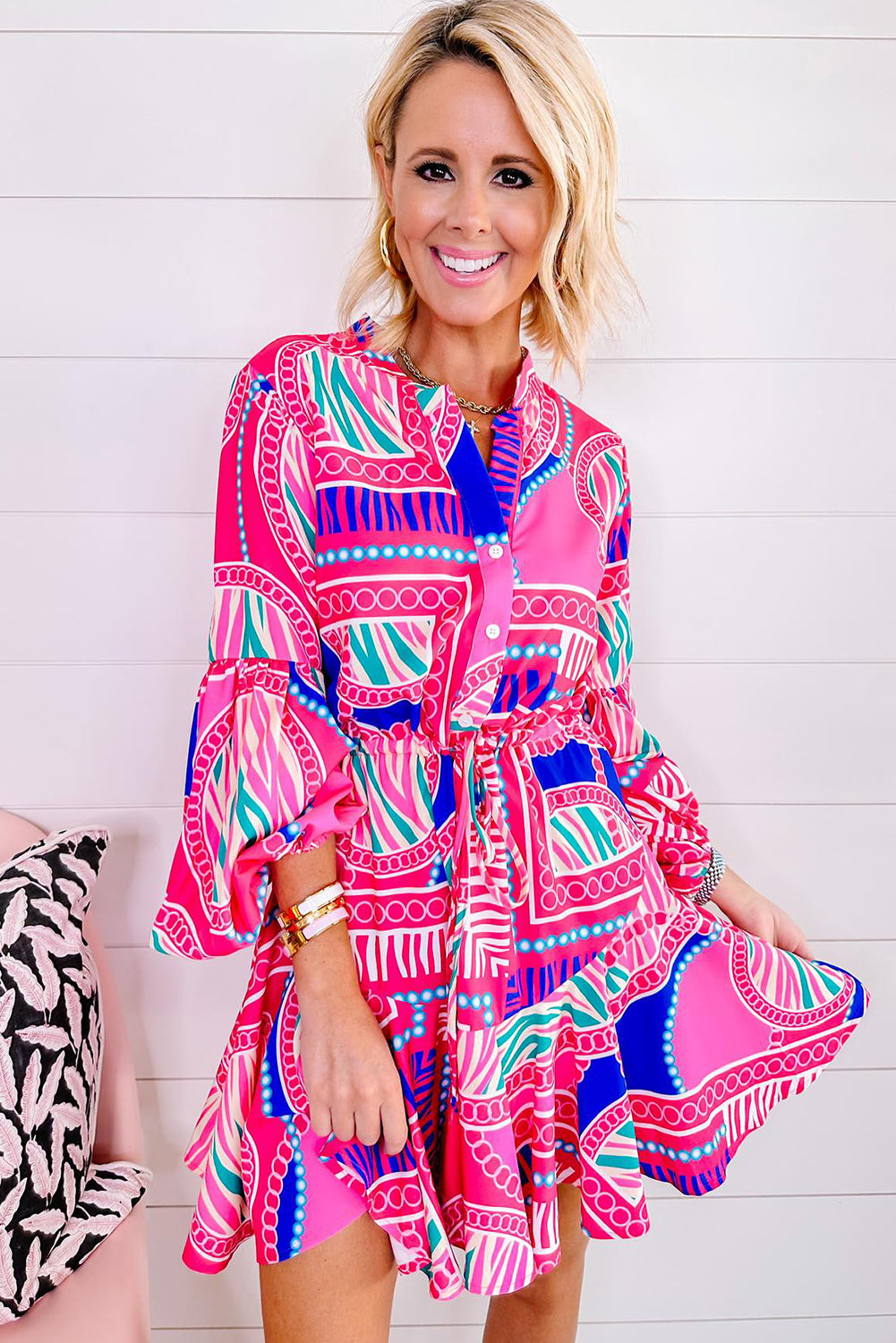 Boho Abstract Drawstring Waist Ruffled Mini Dress